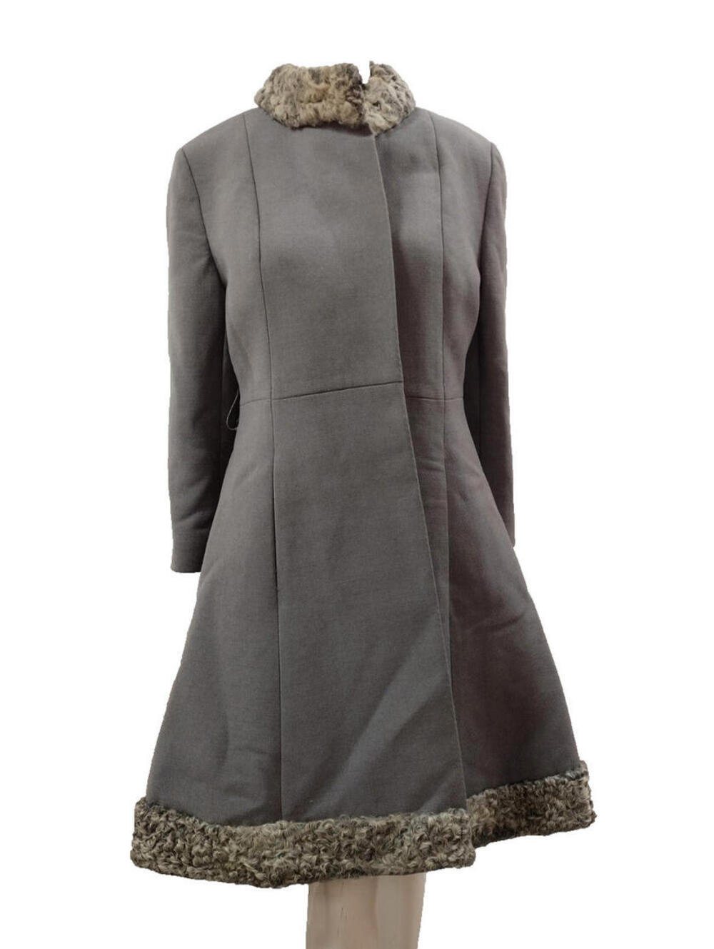 Vintage 60s Gray Heavy Coat A-line Mod Evening Wear Fur Collar & Poodle Border